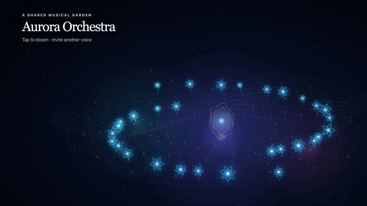 Aurora Orchestra on the TV: glowing flowers blooming around an orbit, titled A shared musical garden.