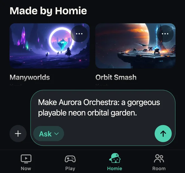 The KITCHEN COURT tab on a phone with a request typed: “Make Aurora Orchestra: a gorgeous playable neon orbital garden.”