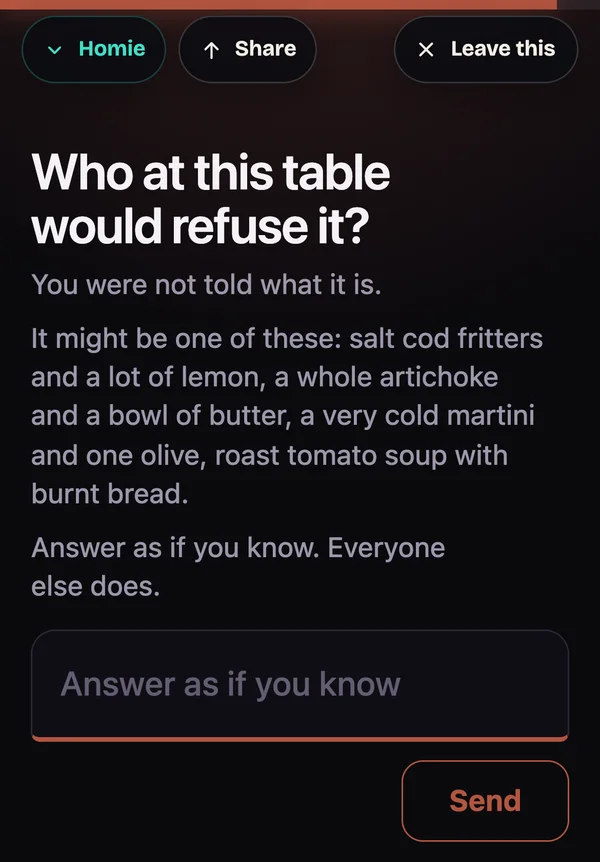A phone’s private card in Traitor at Dinner: “Who at this table would refuse it? You were not told what it is.” Four possible dishes, and “Answer as if you know. Everyone else does.”