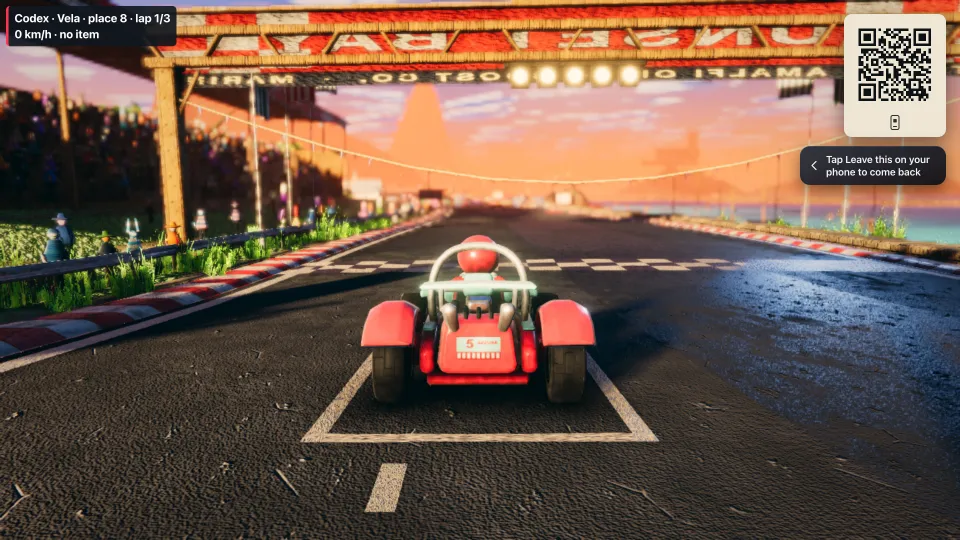 Kart Royale on a television: a red kart on the starting grid under a sunset, a small label reading Codex, place 8, lap 1 of 3, and KITCHEN COURT’s join square in the corner.