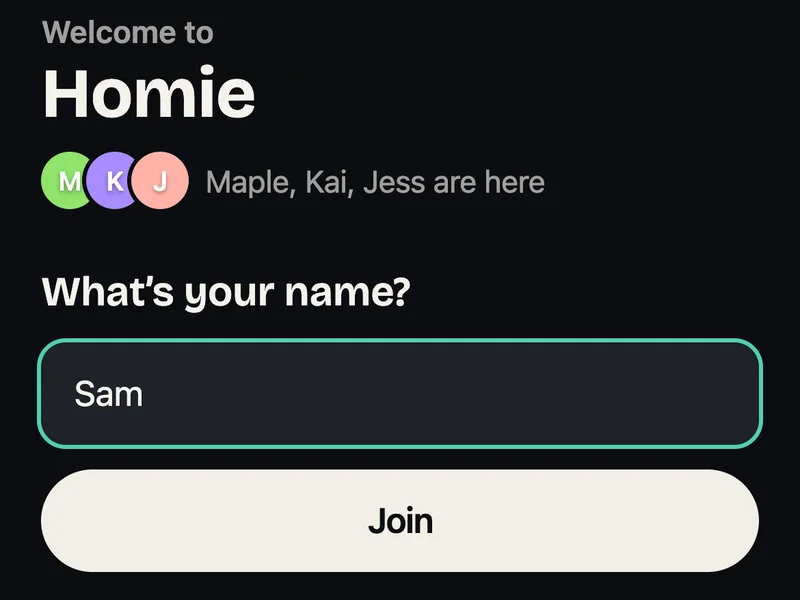 A phone that just scanned the square: Welcome to KITCHEN COURT, Maple, Kai and Jess are here, the name Sam typed in, and Join.